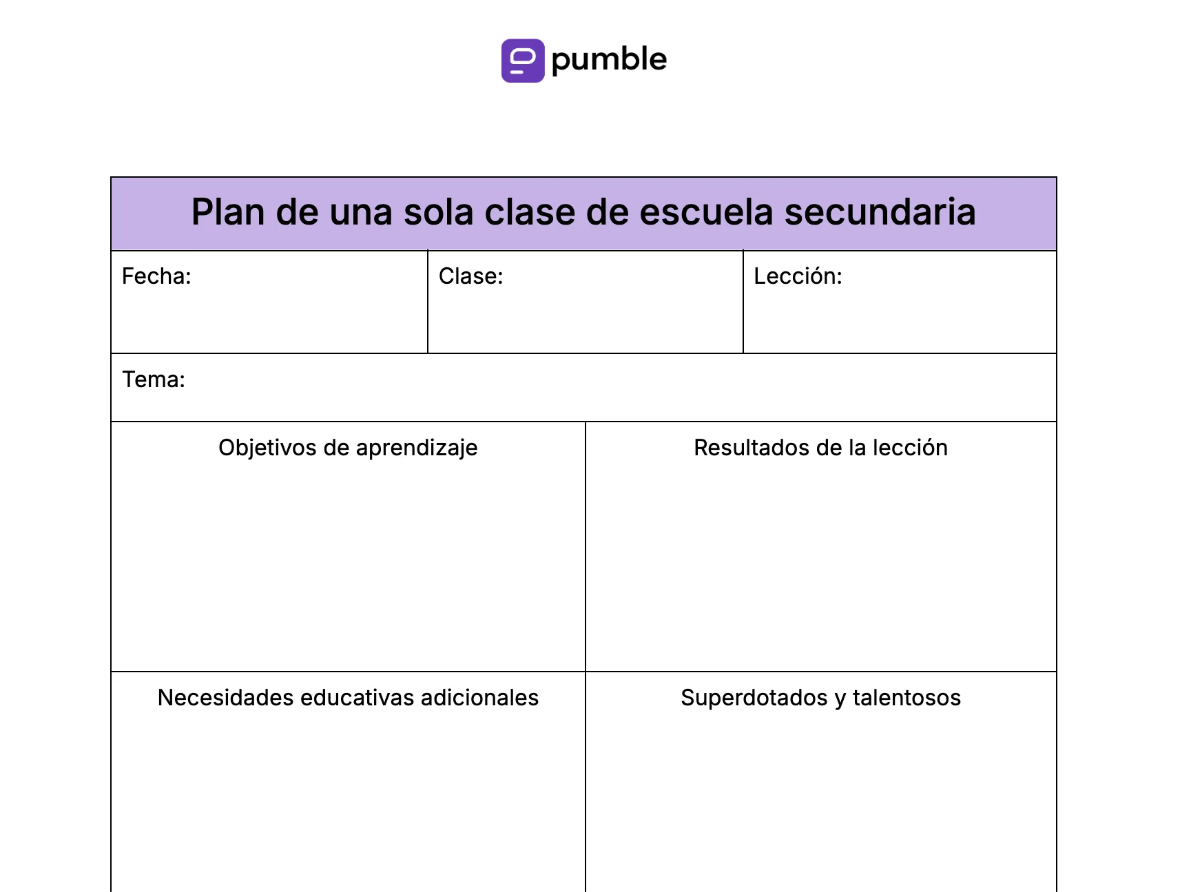 Plantilla de plan de una sola clase de escuela secundaria