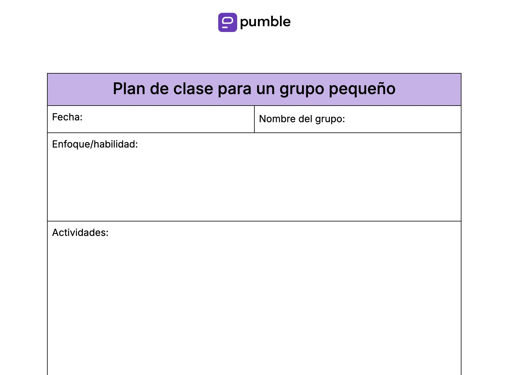 Plantilla de plan de clase para un grupo pequeño