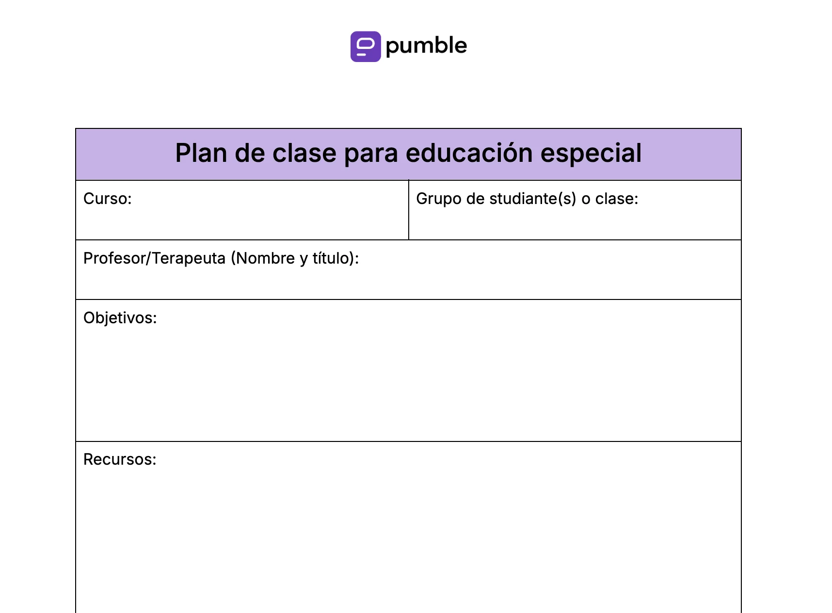 Plantilla de plan de clase para educación especial