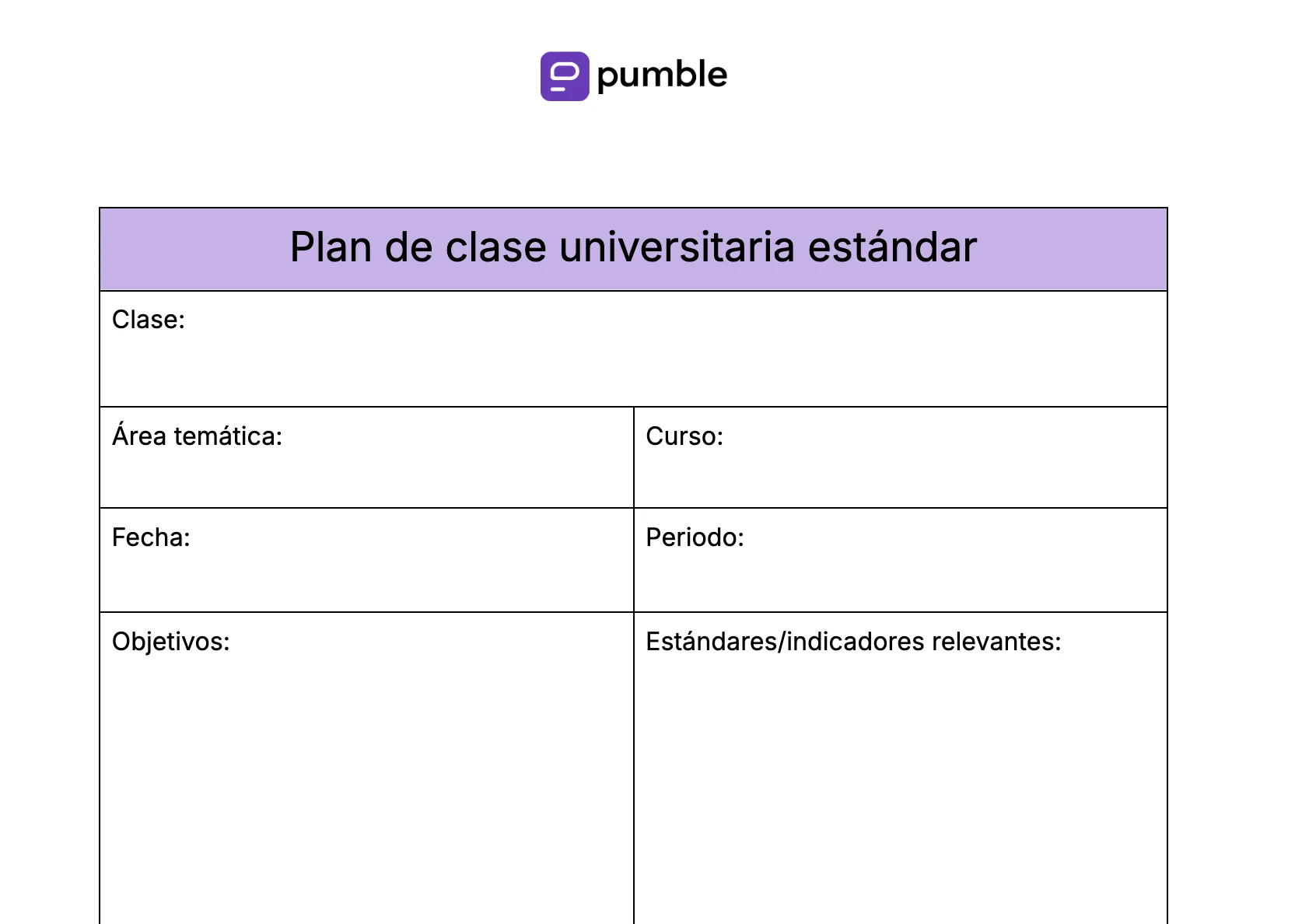 Plantilla de plan de clase universitaria estándar