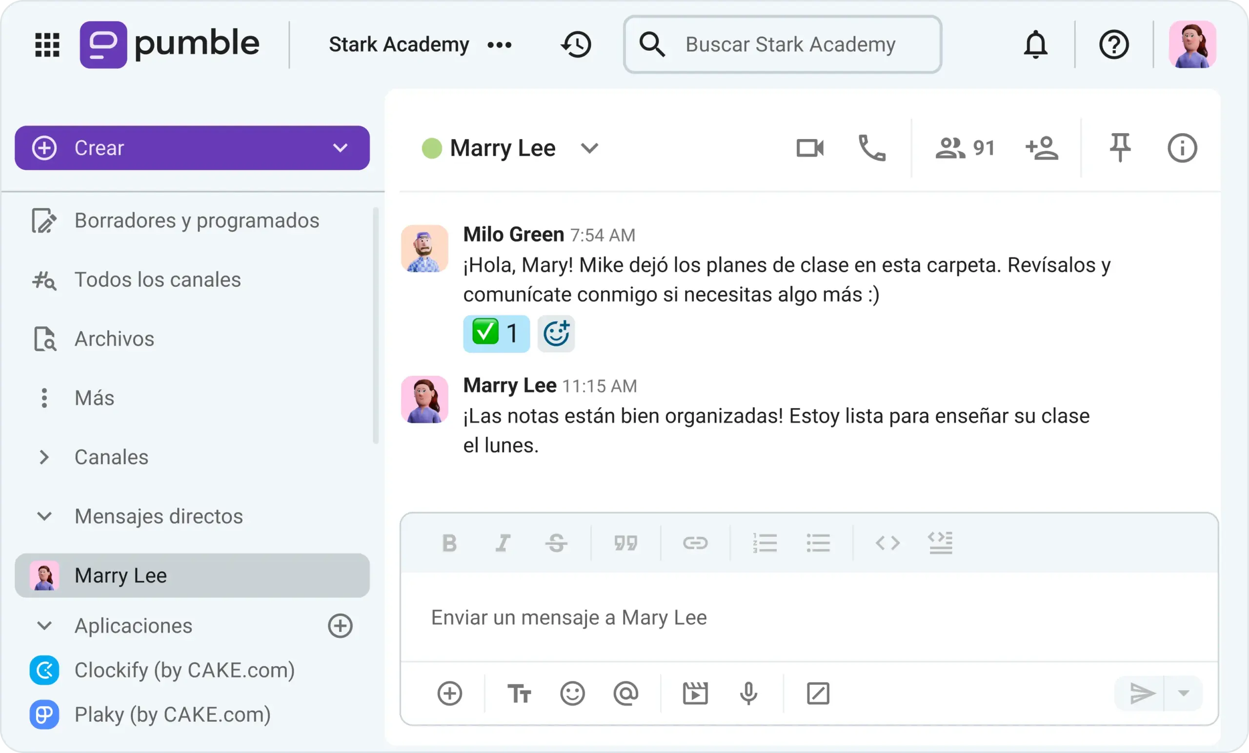 La nueva profesora elogia la eficaz planificación de lecciones de su predecesor en Pumble, la aplicación de comunicación en equipo
