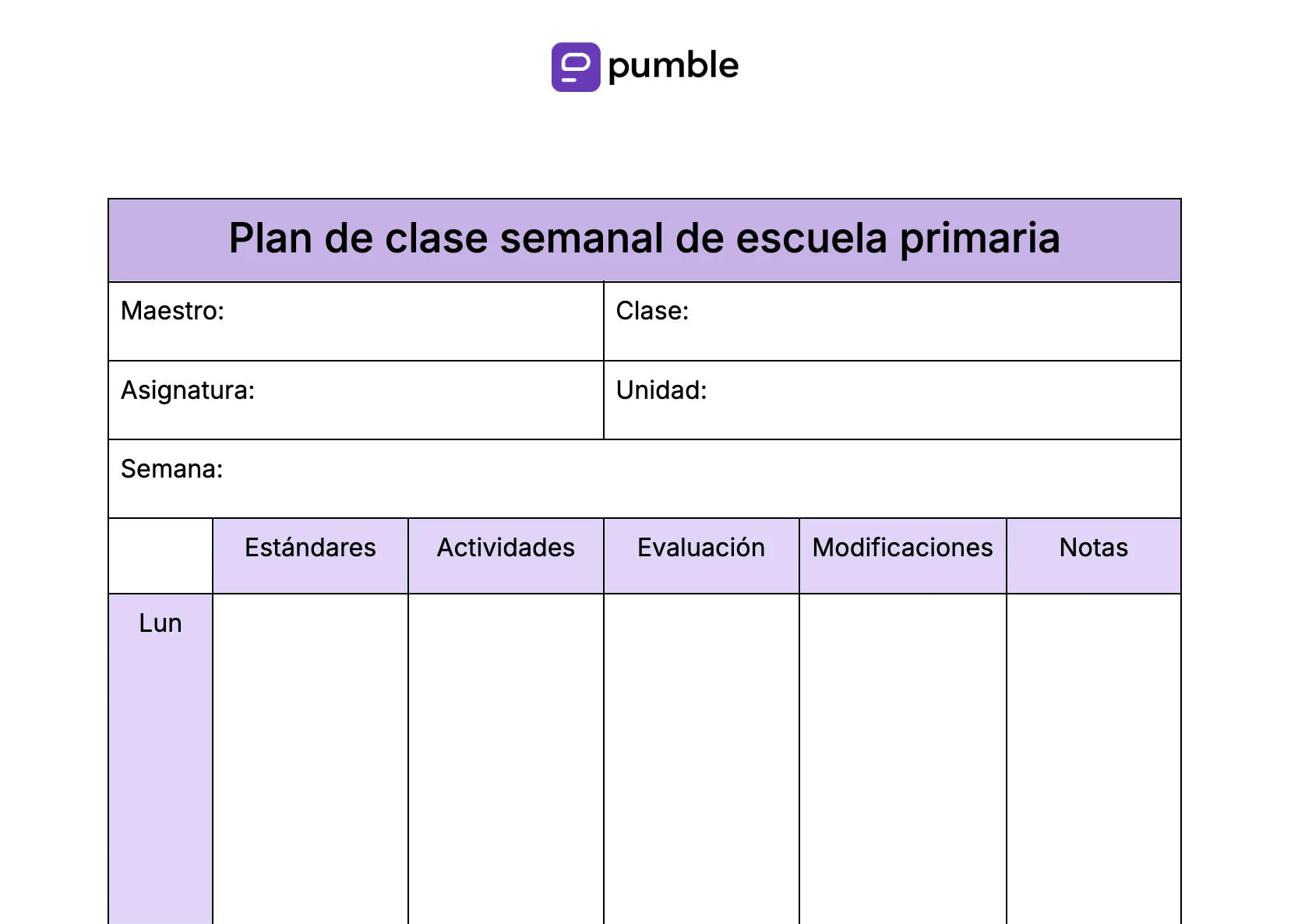Plantilla de plan de clase semanal de escuela primaria