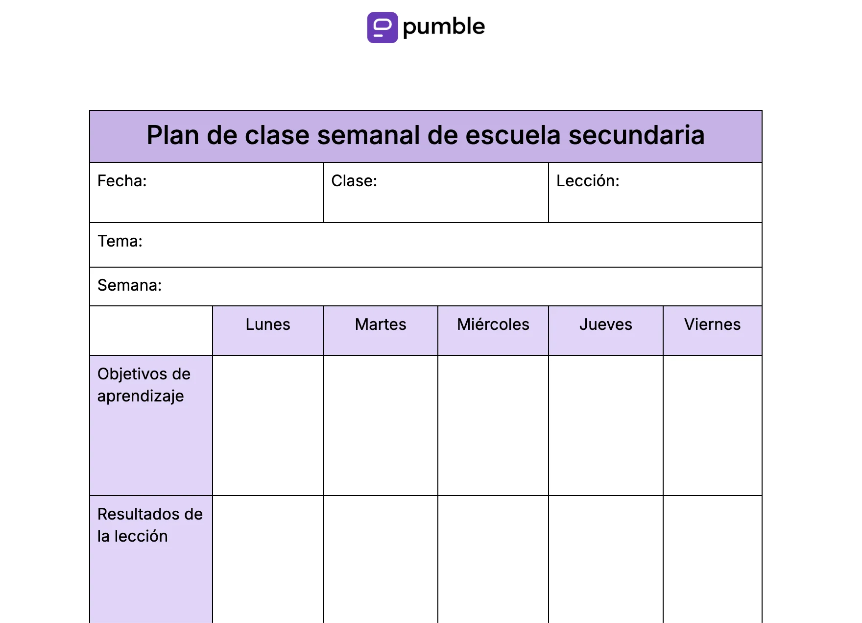 Plantilla de plan de clase semanal de escuela secundaria