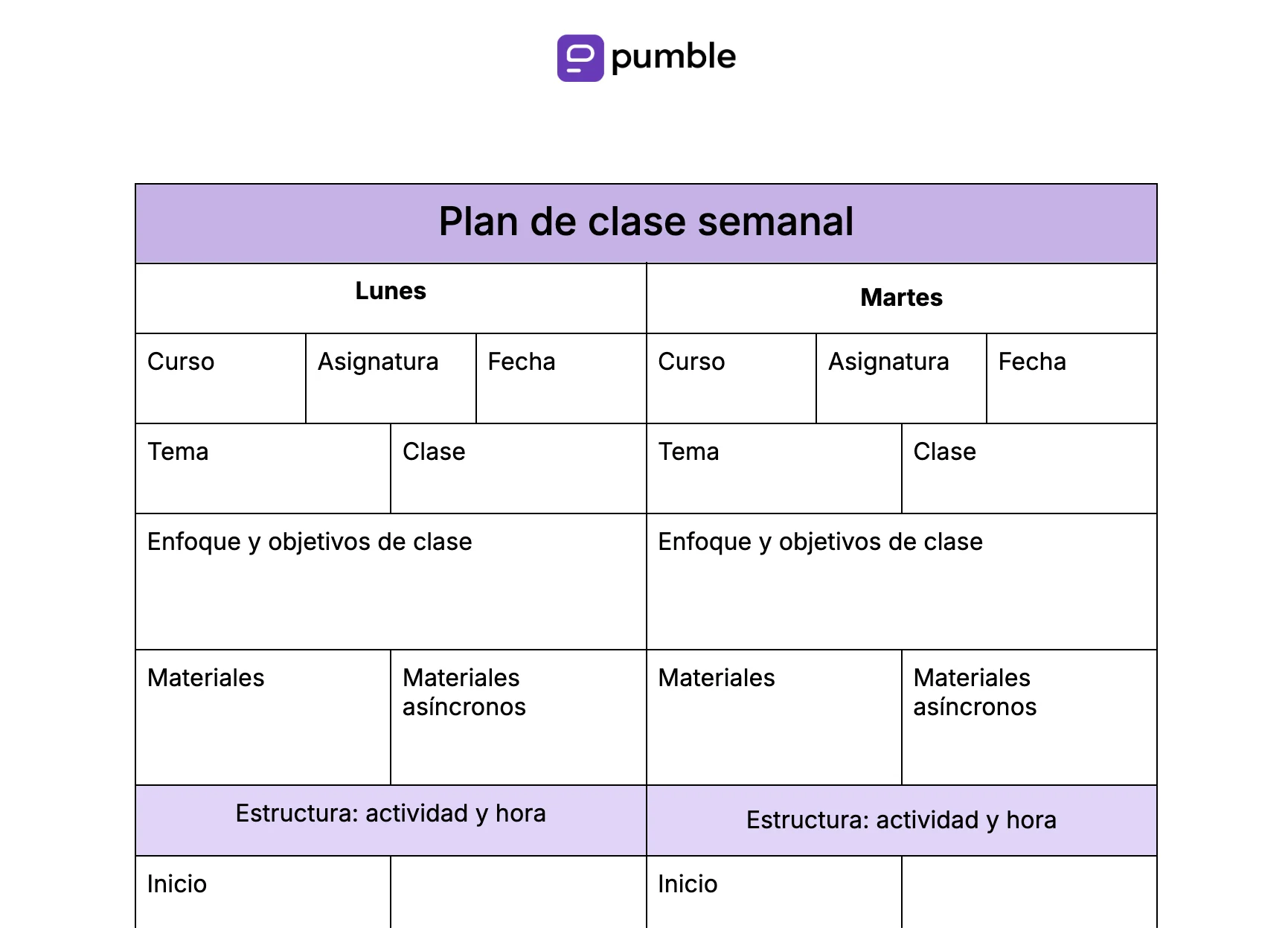 Plantilla de plan de clase semanal