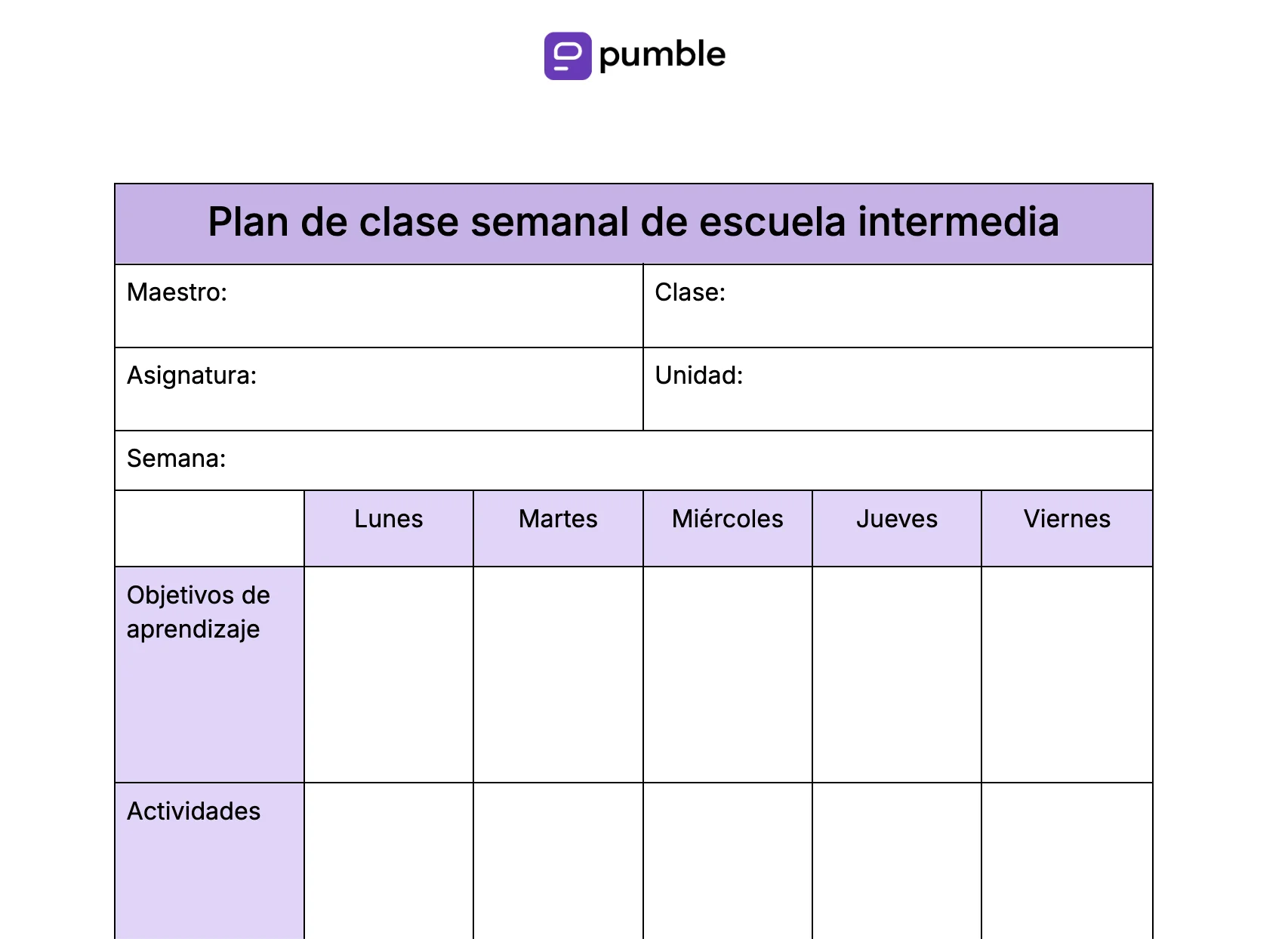 Plantilla de plan de clase semanal de escuela intermedia