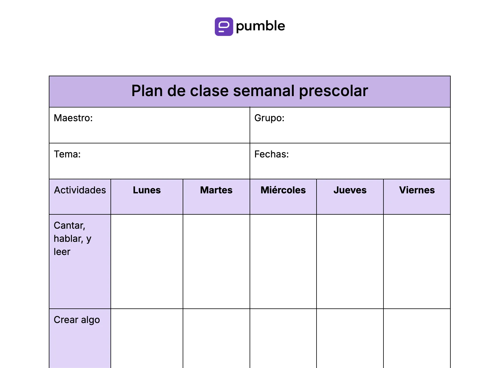 Plantilla de plan de clase semanal preescolar