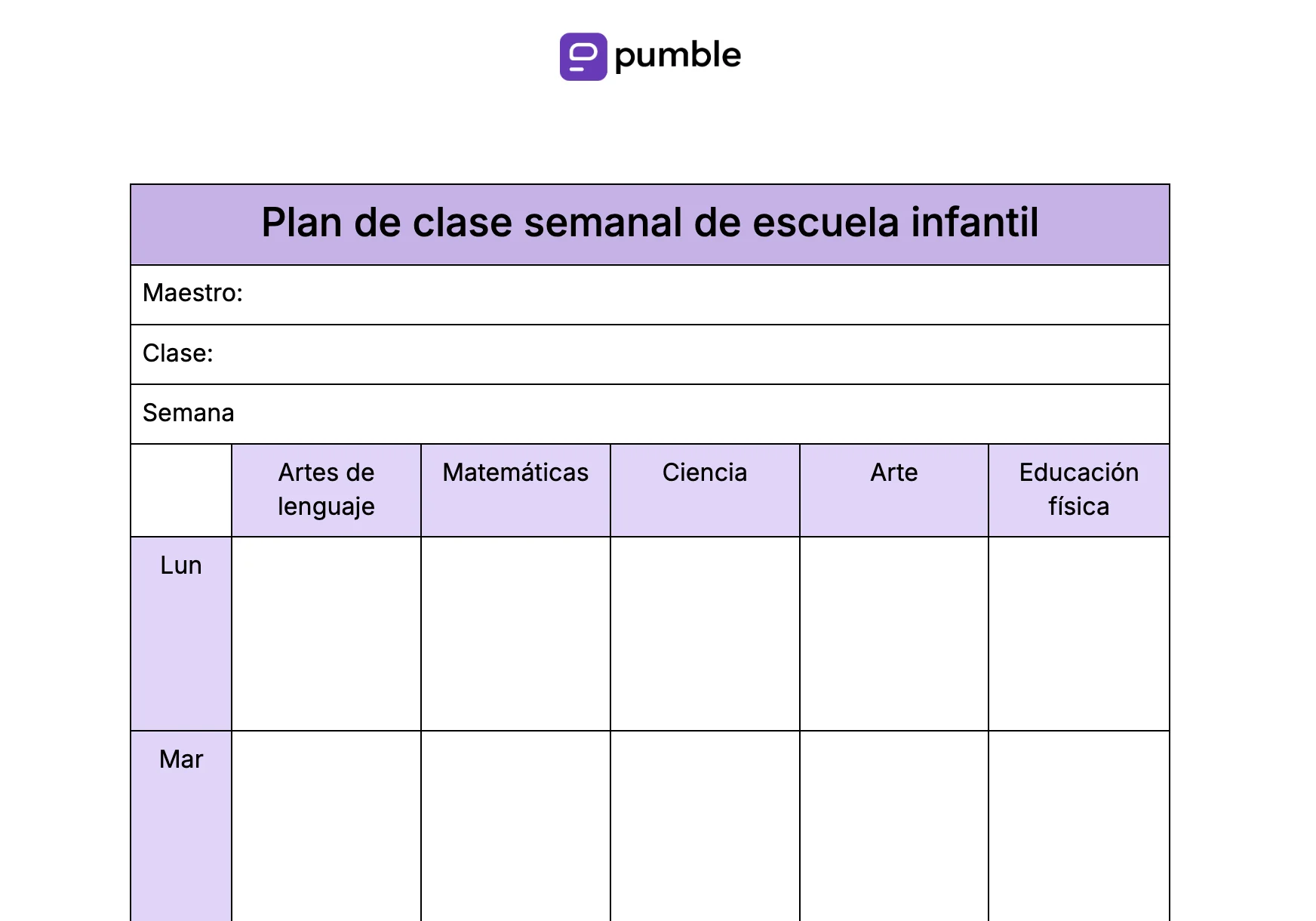 Plantilla de plan de clase semanal de escuela infantil