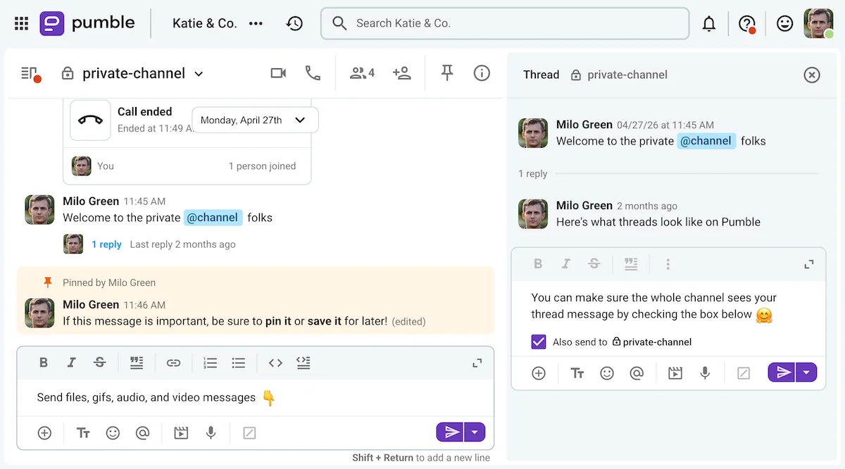 A private channel with open message threads in Pumble, a business messaging app