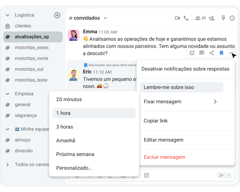 A ferramenta de lembrete no Pumble, o aplicativo de comunicação da equipe