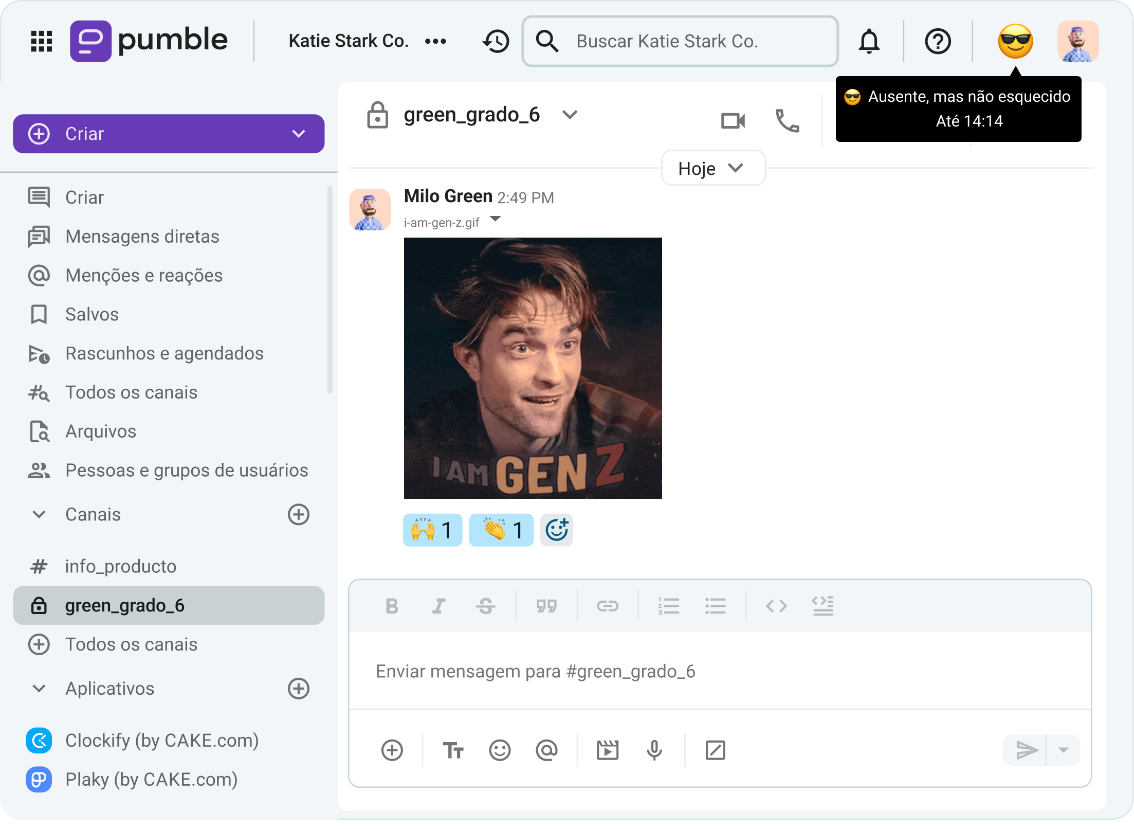 Os trabalhadores da Geração Z podem usar GIFs e emojis para expressar sua personalidade no Pumble.