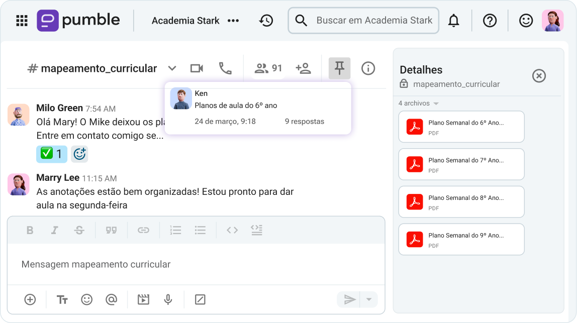 Organize seus planos de aula por ano ou disciplina em canais criados no Pumble.