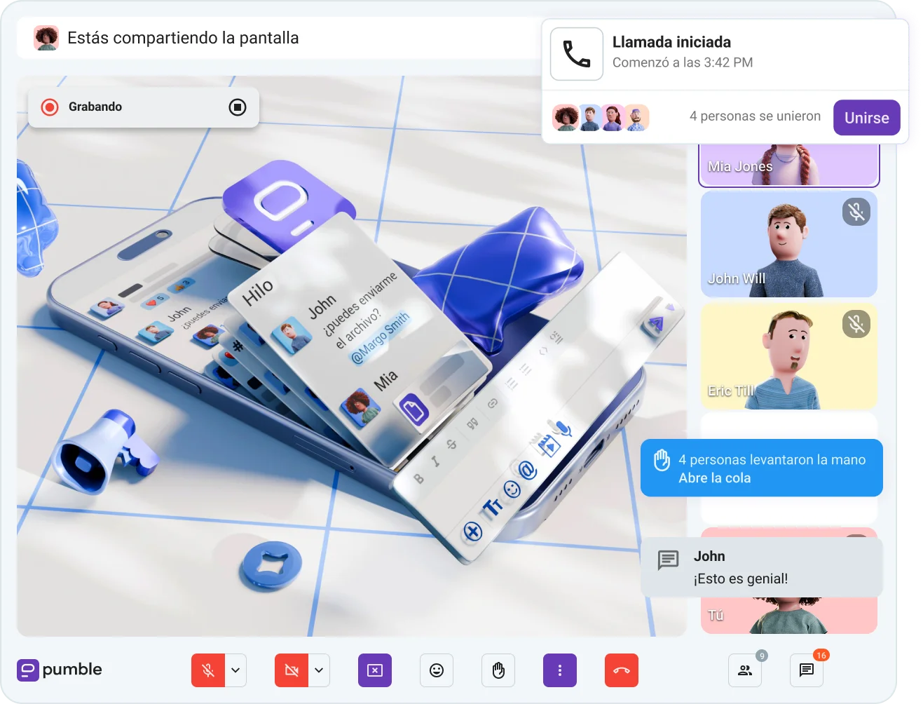 In Pumble, you’re one click away from a video call and its advanced features like screen sharing and meeting recording