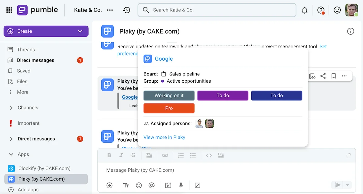 Hover over a notification in the Plaky integration to see more details about the item