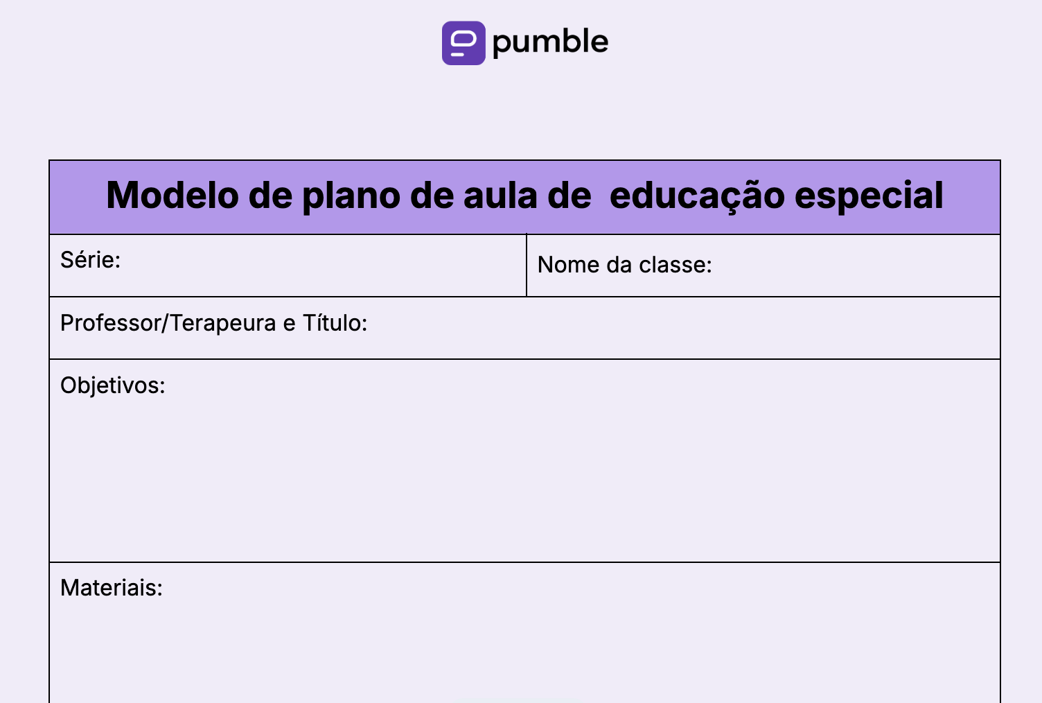 Modelo de plano de aula de  educação especial