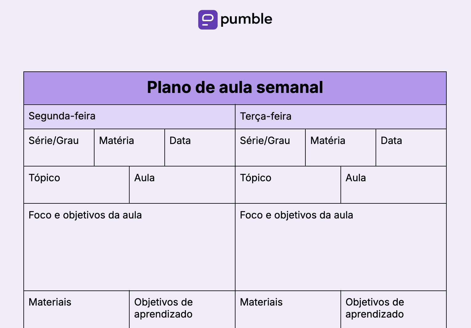 Modelo de plano de aula semanal