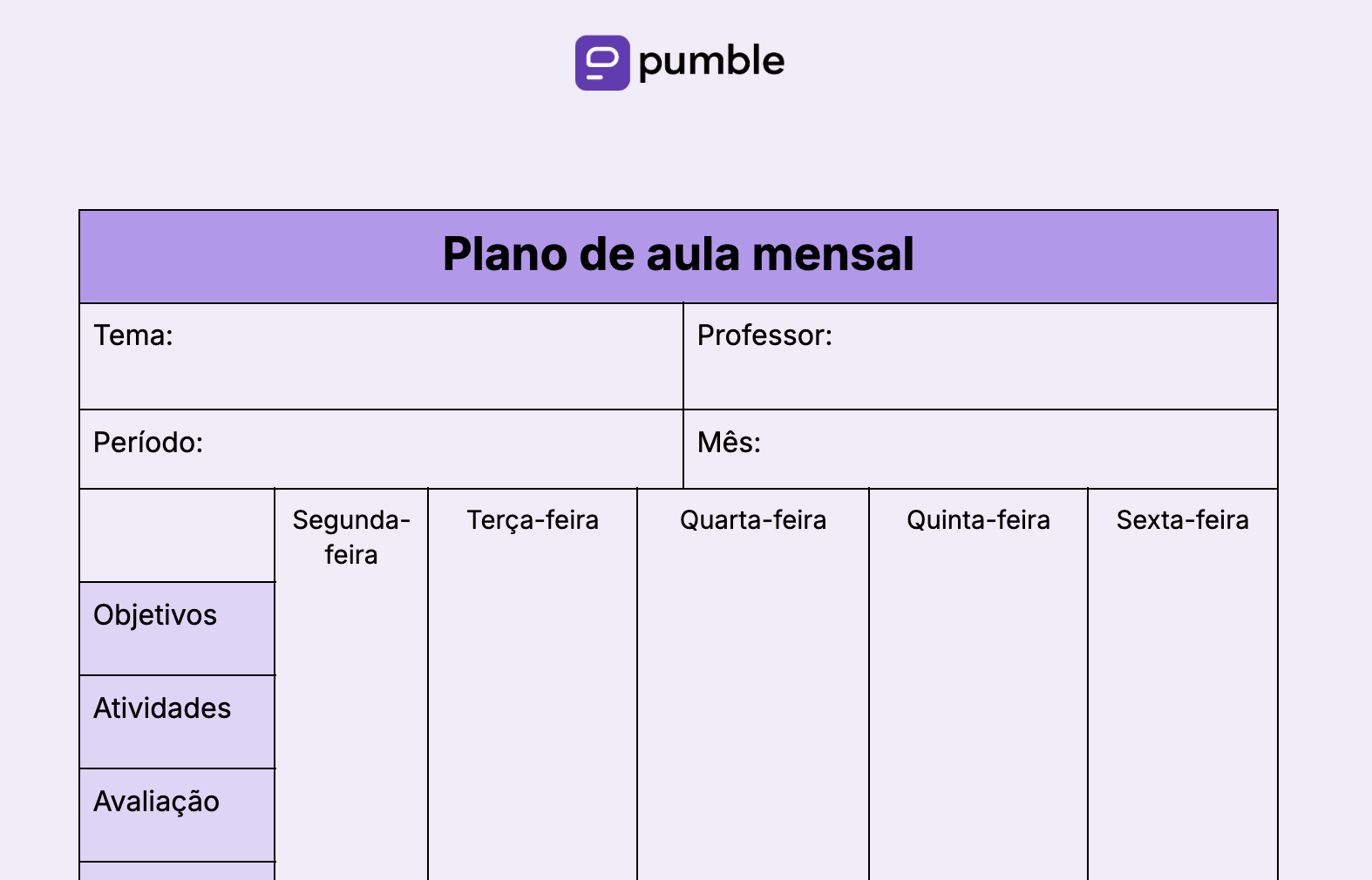 Modelo de plano de aula mensal
