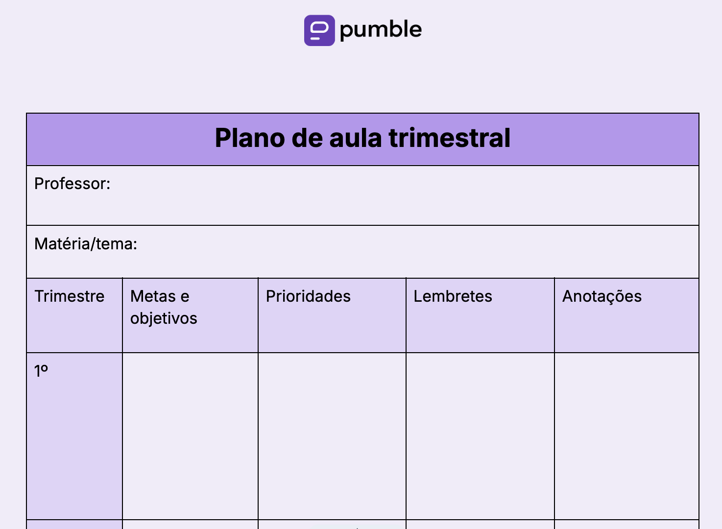 Modelo de plano de aula trimestral