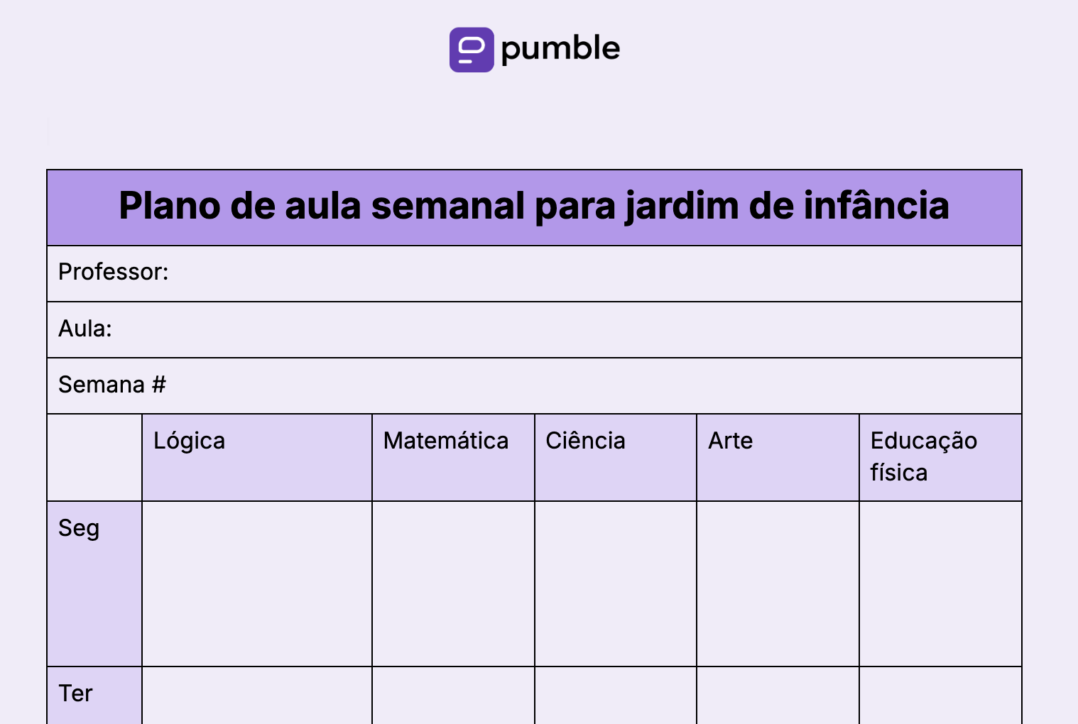 Modelo de plano de aula semanal para pré-escola