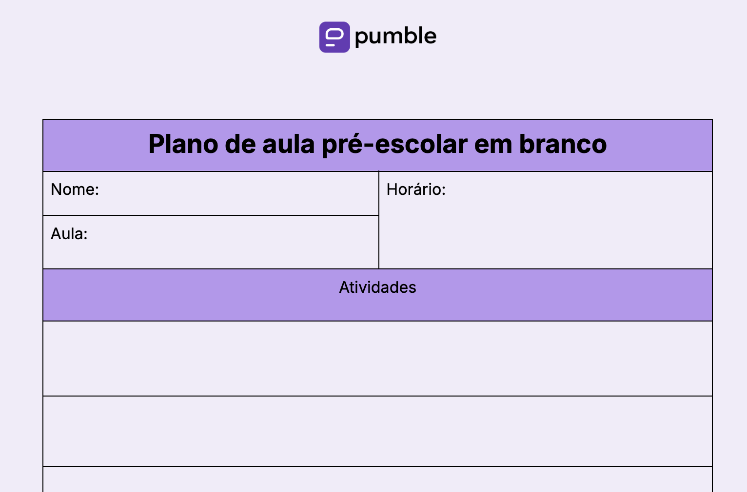 Modelo de plano de aula pré-escolar em branco