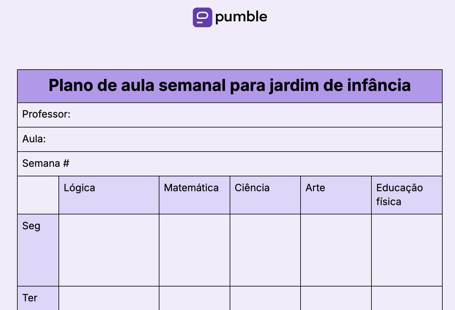 Modelo de plano de aula semanal para jardim de infância