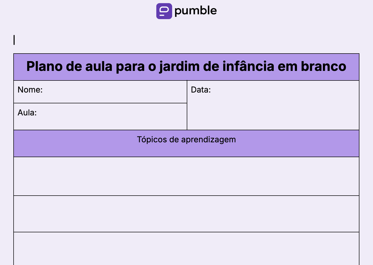 Modelo de plano de aula em branco para o jardim de infância