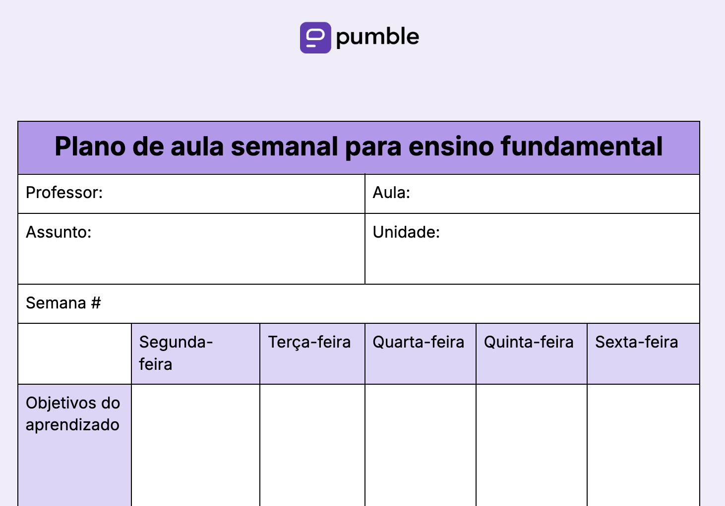 Modelo de plano de aula semanal para ensino médio