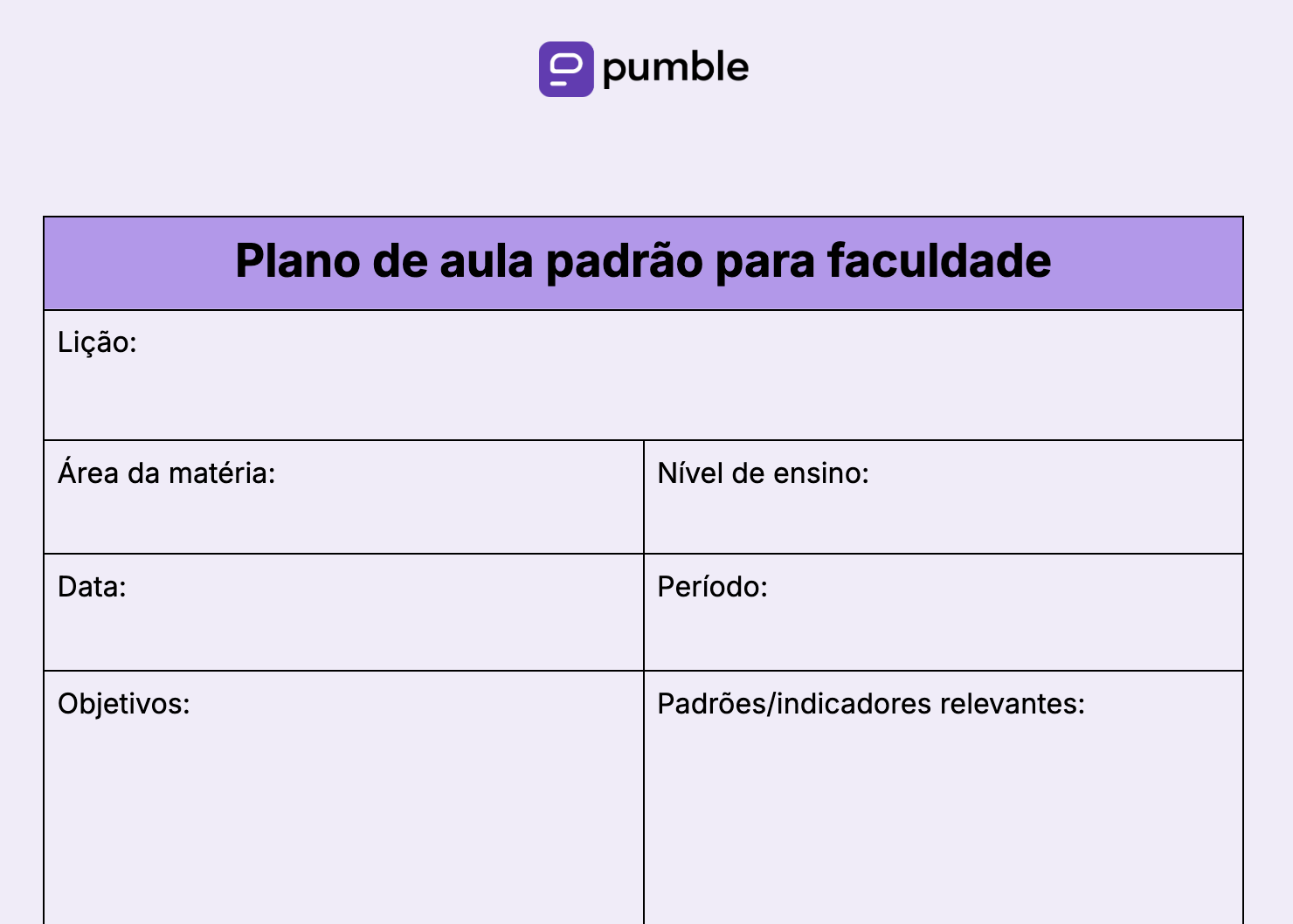 Modelo de plano de aula padrão para faculdade