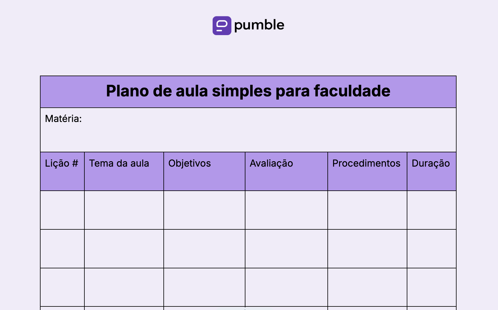 Modelo de plano de aula simples para faculdade