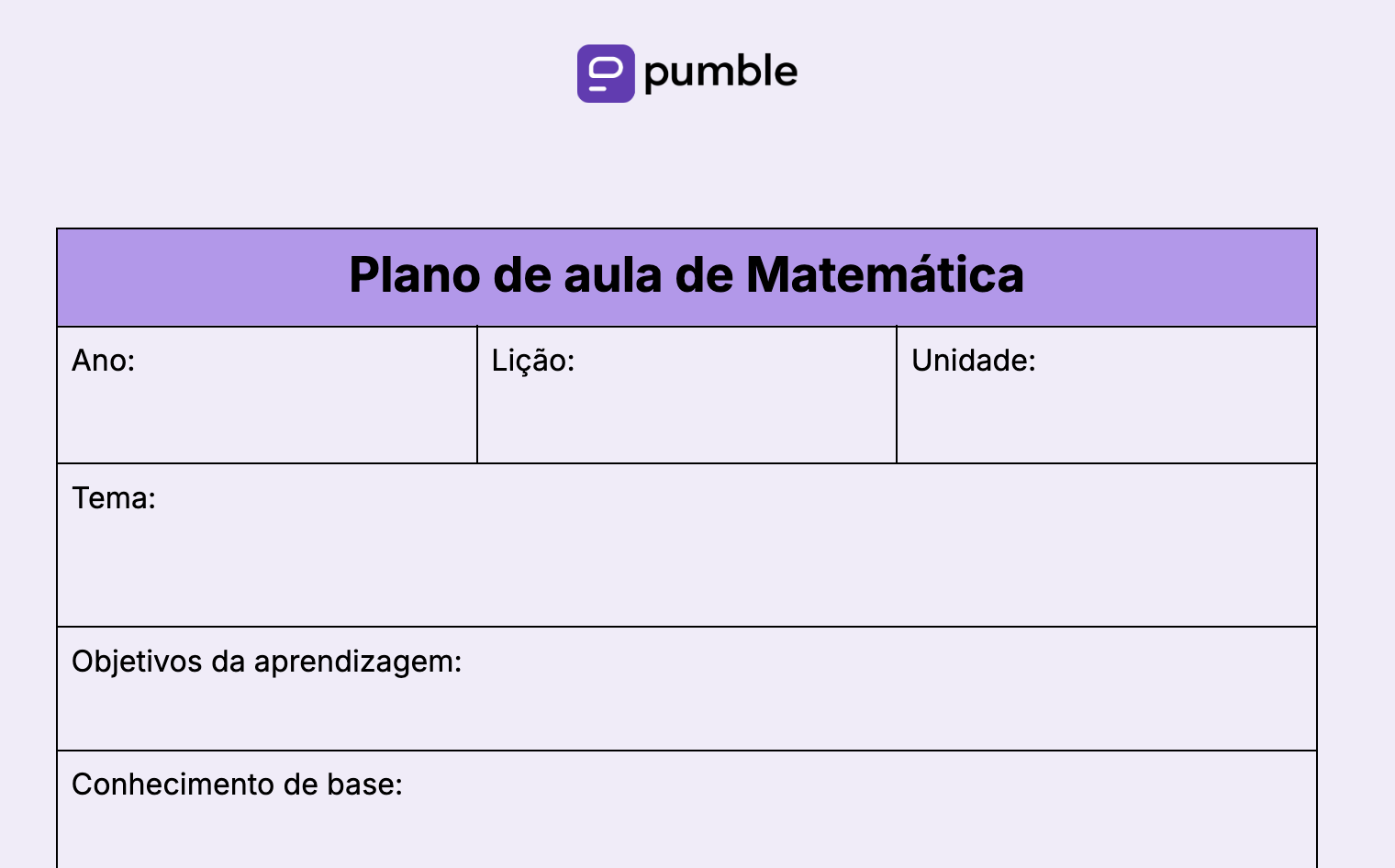 Modelo de plano de aula de Matemática