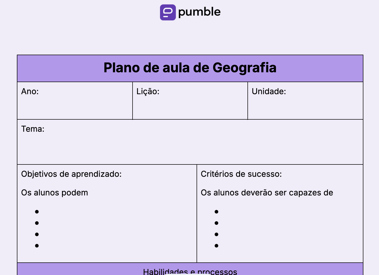 Modelo de plano de aula de Geografia