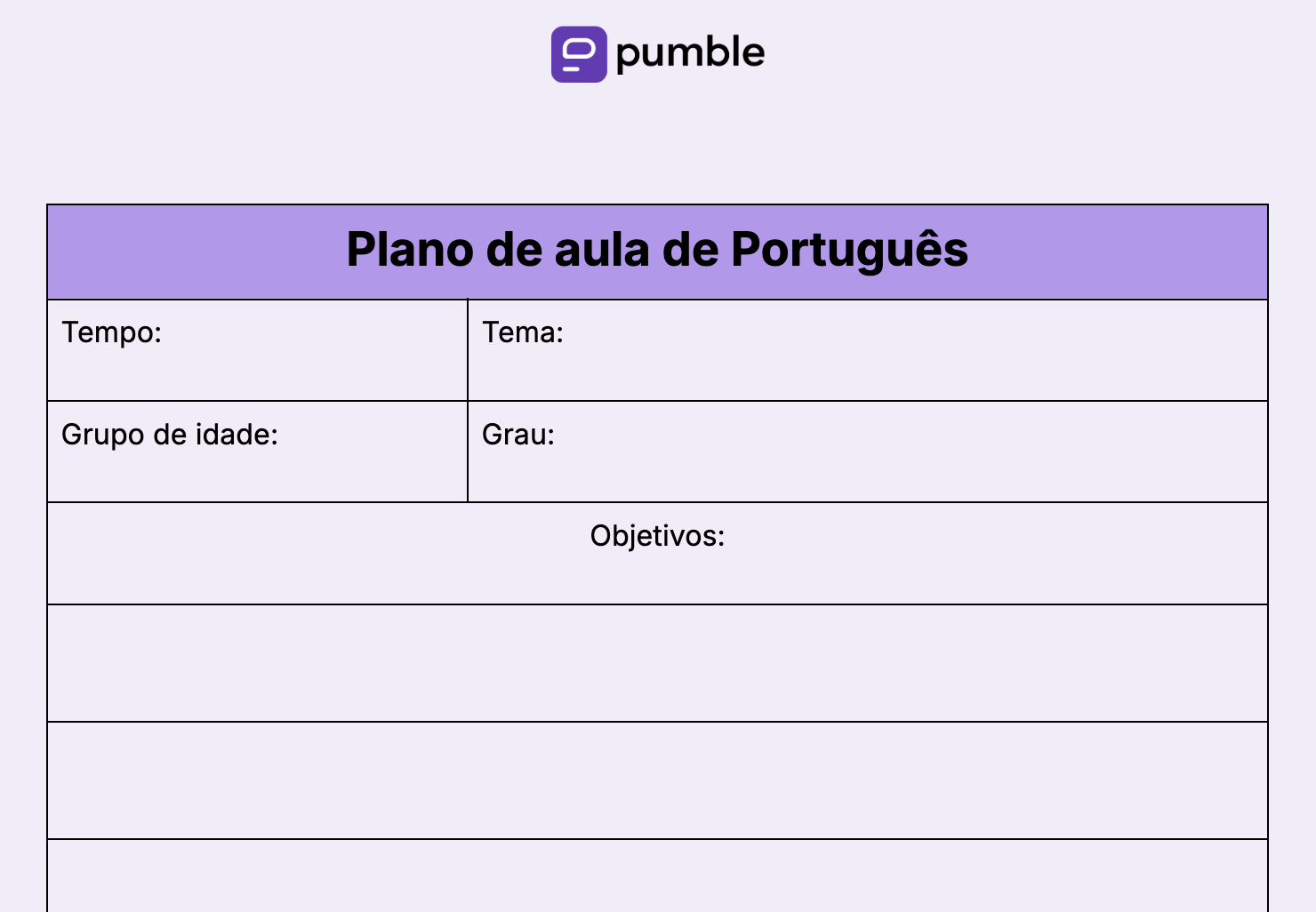 Modelo de plano de aula de Português