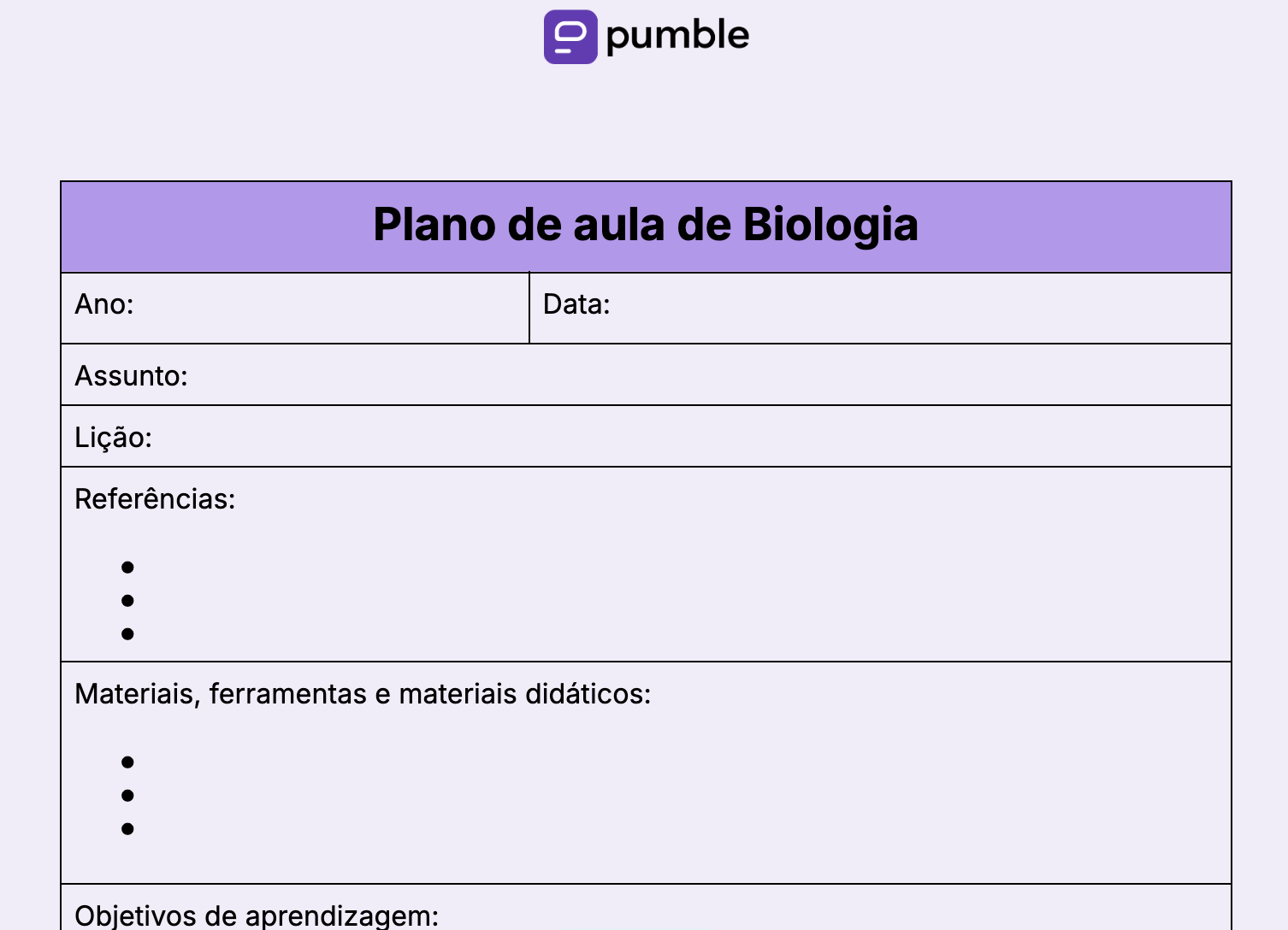 Modelo de plano de aula de Biologia