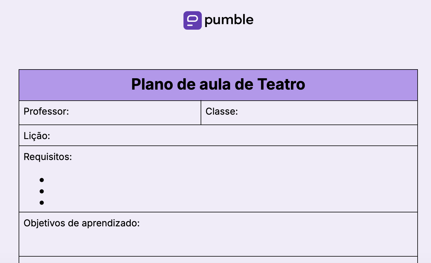 Modelo de plano de aula de Teatro
