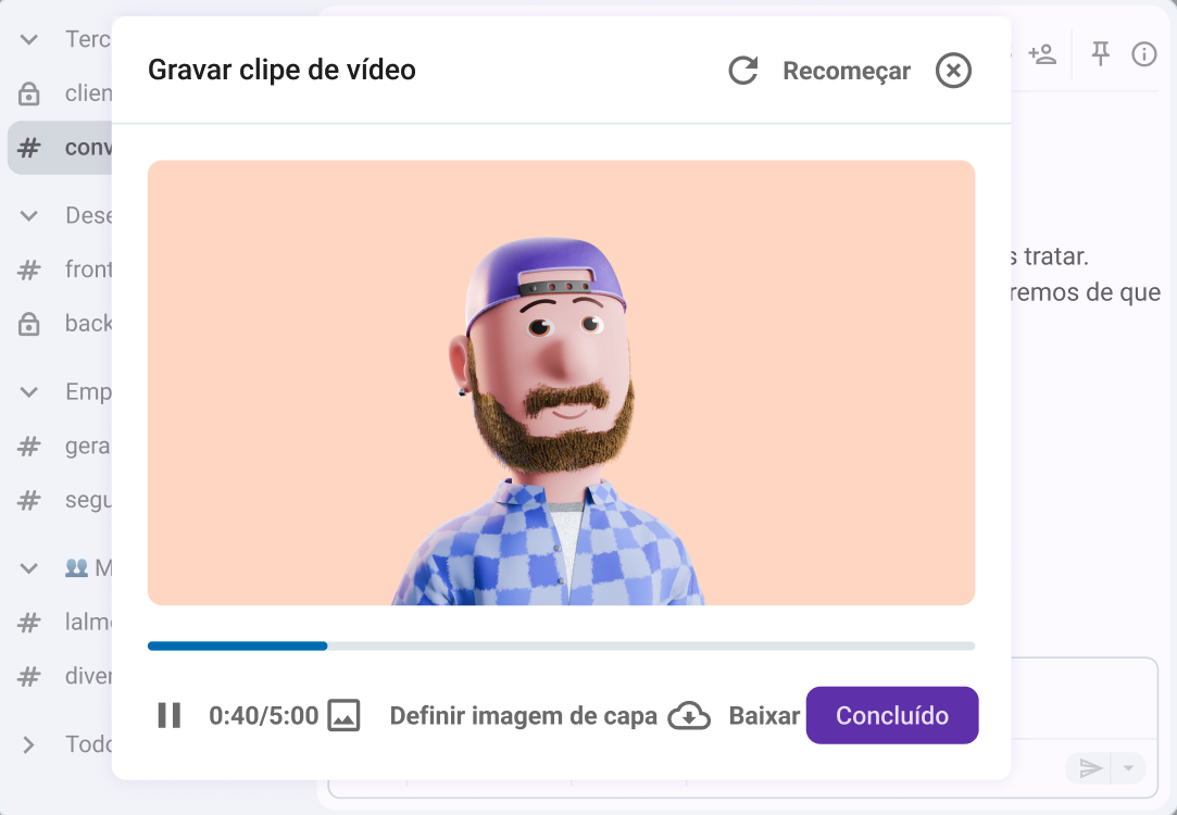Mostre seu rosto e compartilhe suas ideias em uma rápida mensagem de vídeo do Pumble.