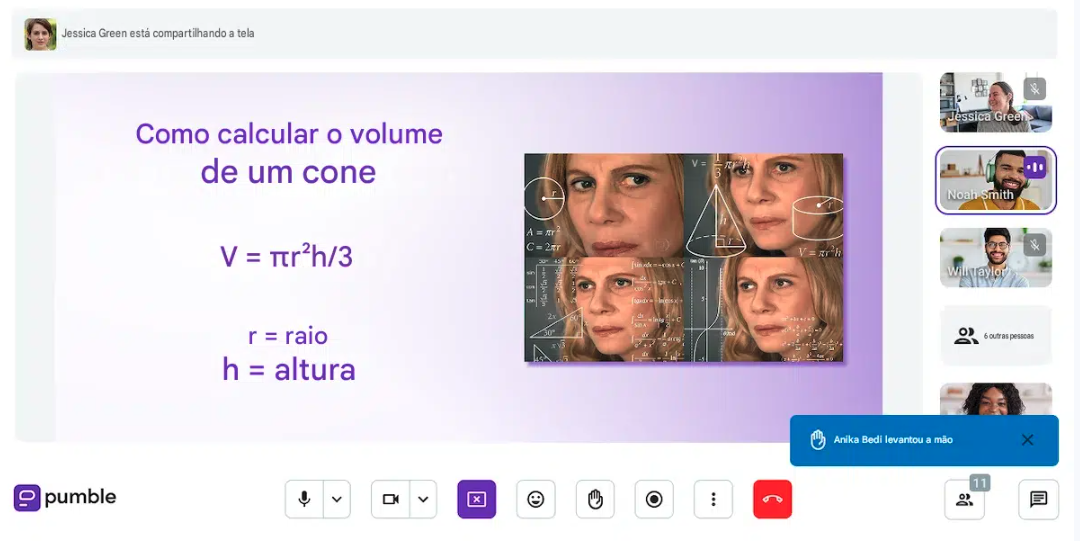 Uma aluna levanta a mão em uma sala de aula virtual no Pumble, o aplicativo de comunicação em equipe