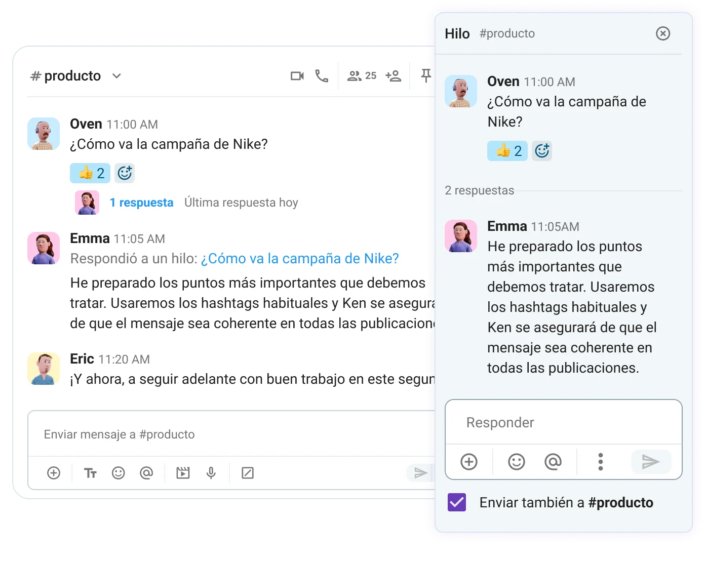 Responde a un hilo en Pumble y envía el mensaje a todo el canal
