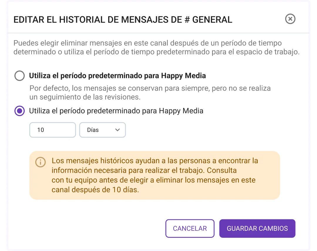 Decide cuánto tiempo quieres conservar tus mensajes y archivos en Pumble