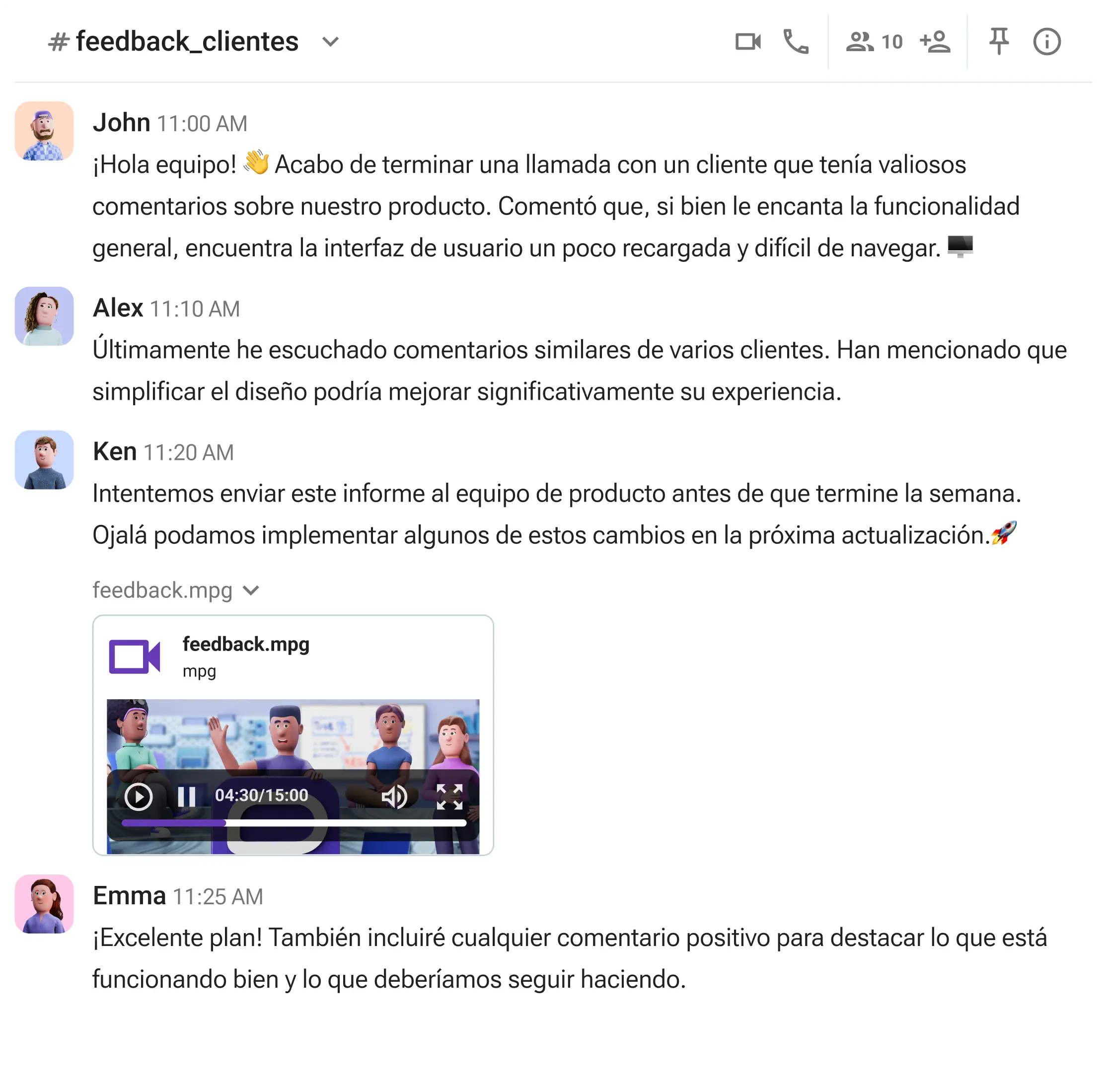 Conversación sobre el feedback de clientes en un canal de Pumble