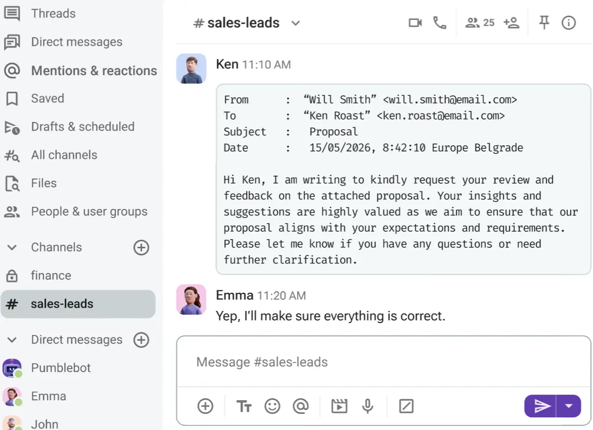 Gmail integration in Pumble