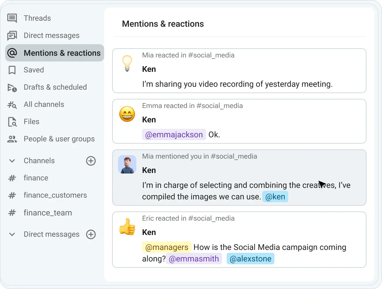 Mentions and reactions in Pumble