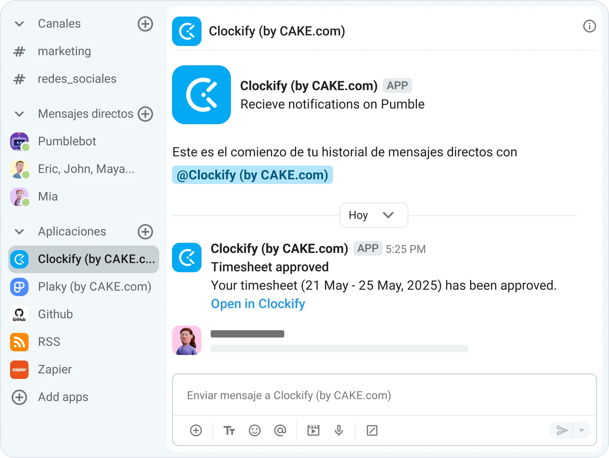 Notificaciones de Clockify en Pumble