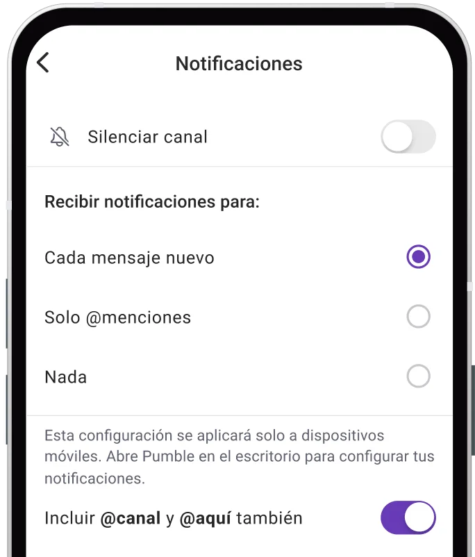 Ajusta las preferencias de notificación y silencia canales en Pumble
