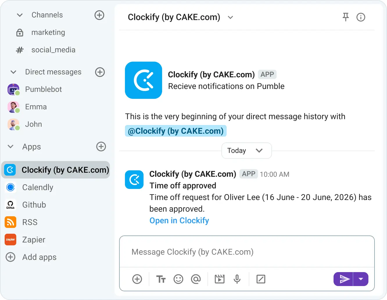 Approved time off notification in Pumble