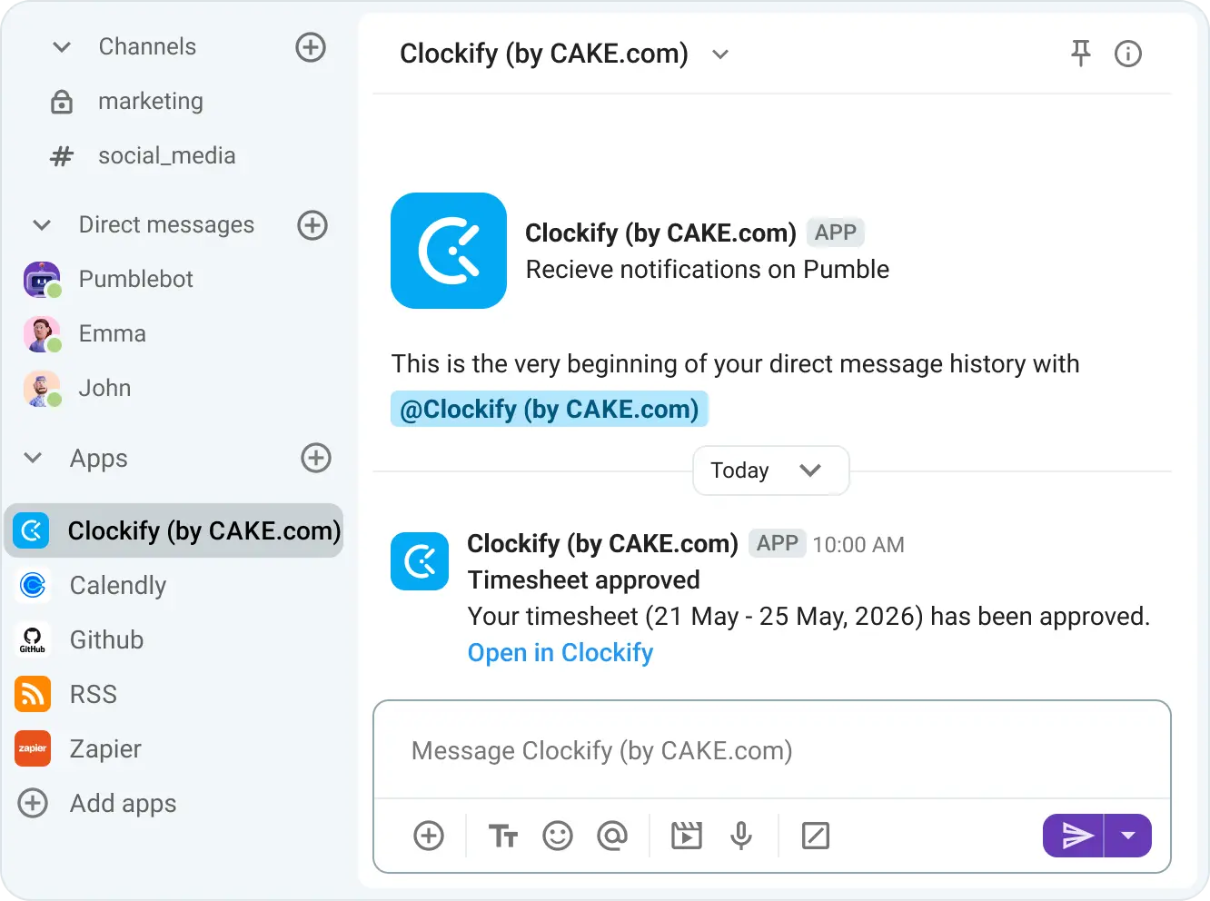 Approved timesheet notification in Pumble