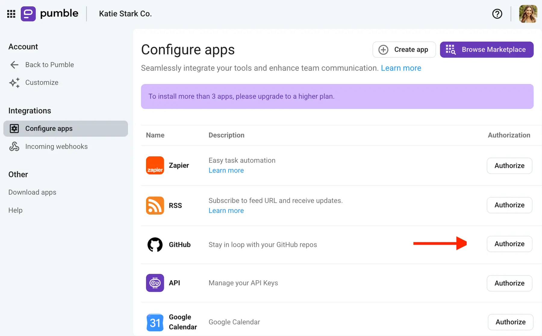 Authorize the GitHub app by clicking the Authorize button
