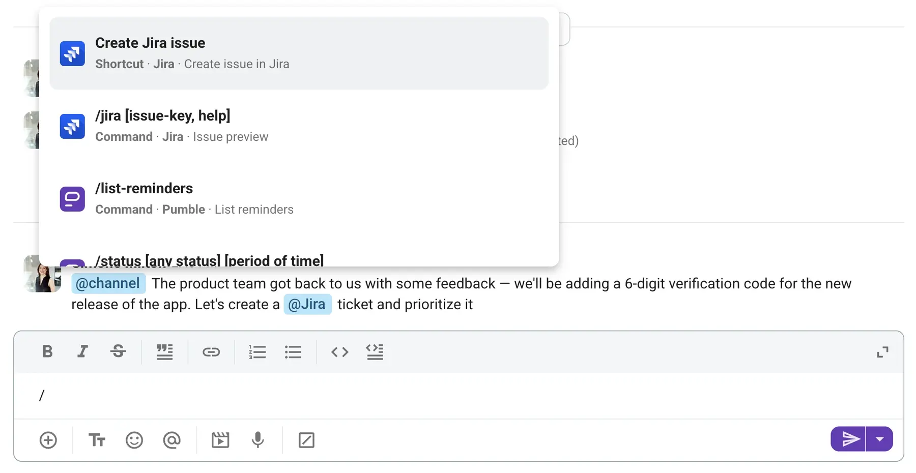 Create Jira issue in Pumble by CAKE.com 