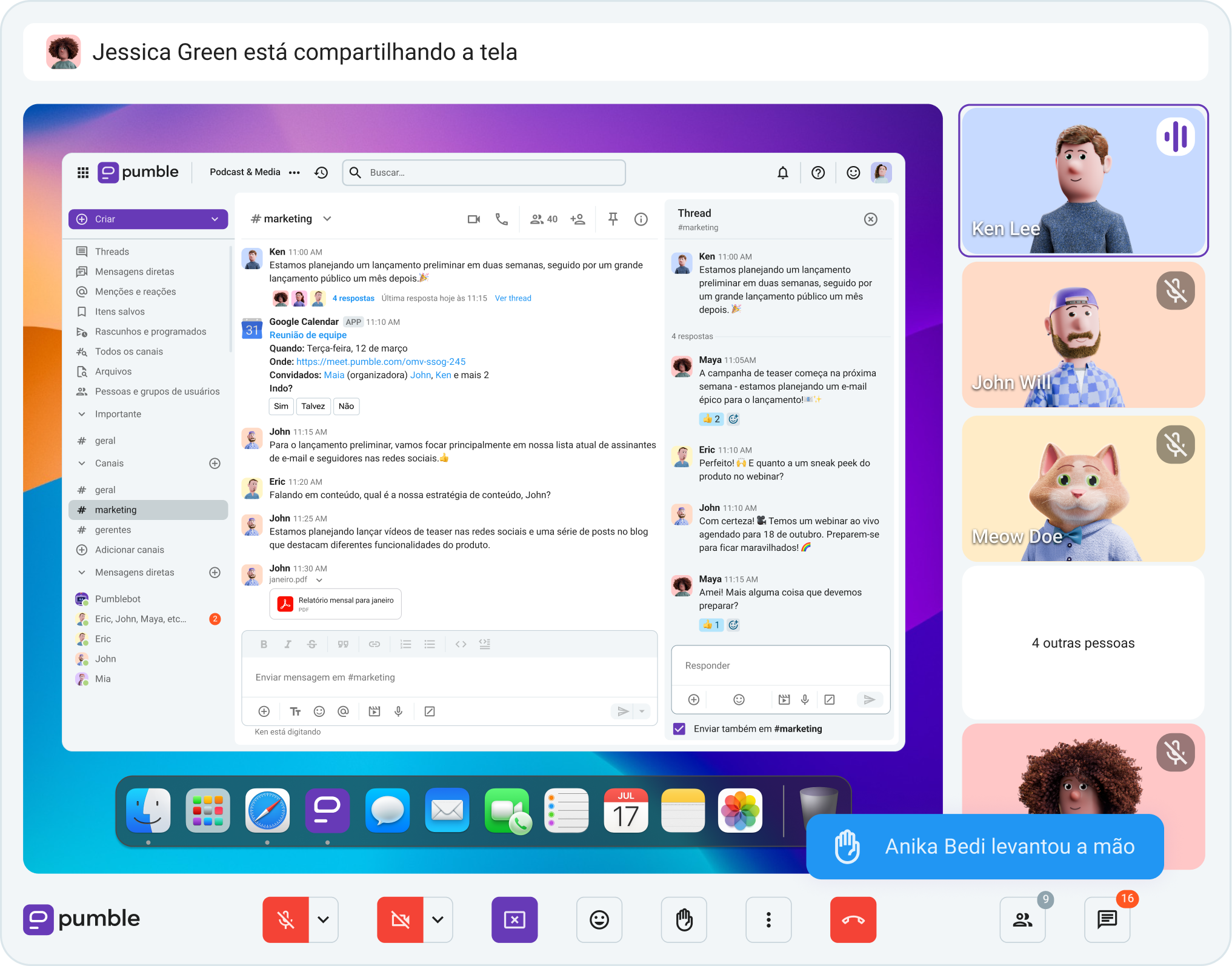 Uma aluna levanta a mão em uma sala de aula virtual no Pumble, o aplicativo de comunicação em equipe