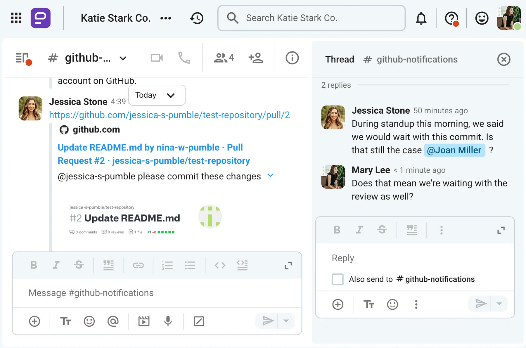 GitHub notifications in team chat provide more context and allow discussions to happen within the team chat app