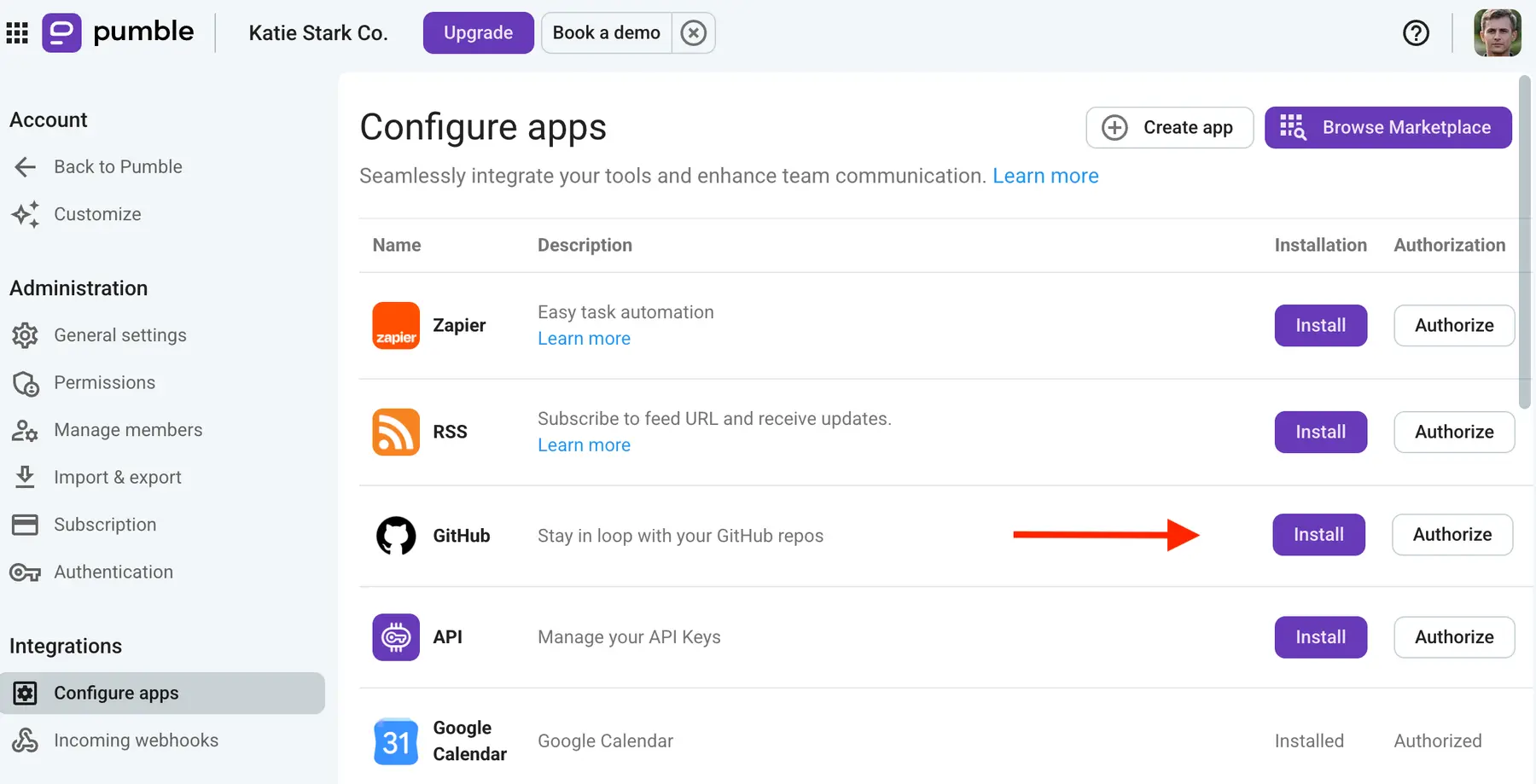 Install the GitHub app in your App section on Pumble
