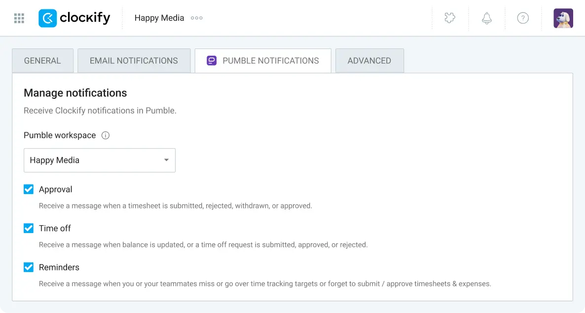 Manage Pumble notifications in Clockify